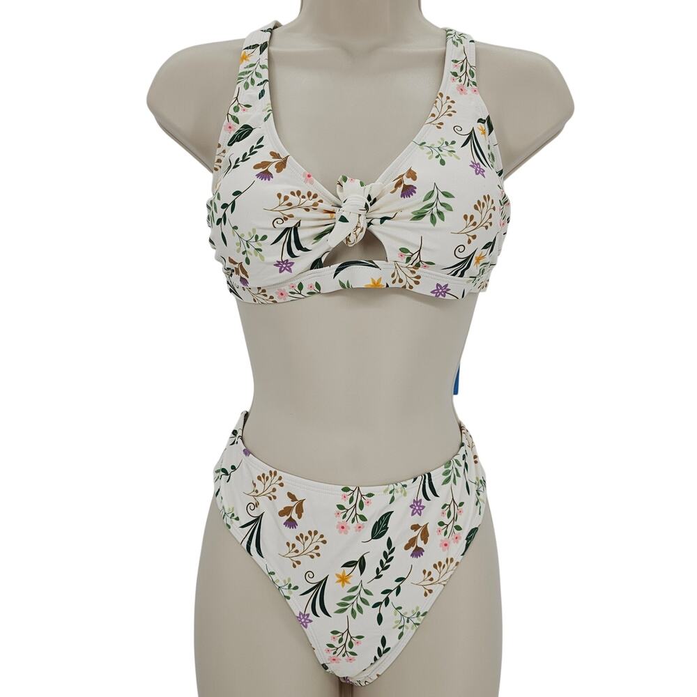 Cupshe Womans size M Floral Knot Front Criss Cross Lace Up Back Bikini White NEW